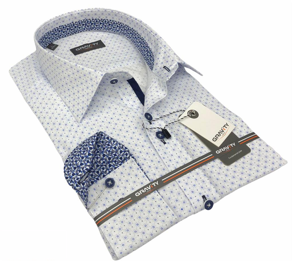 Men's button down modern fit white print long sleeve Justin dress shirt