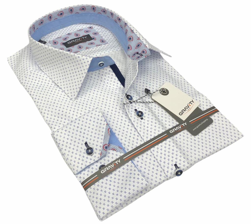 Men's button down modern fit white print long sleeve Noah dress shirt with unique navy buttons