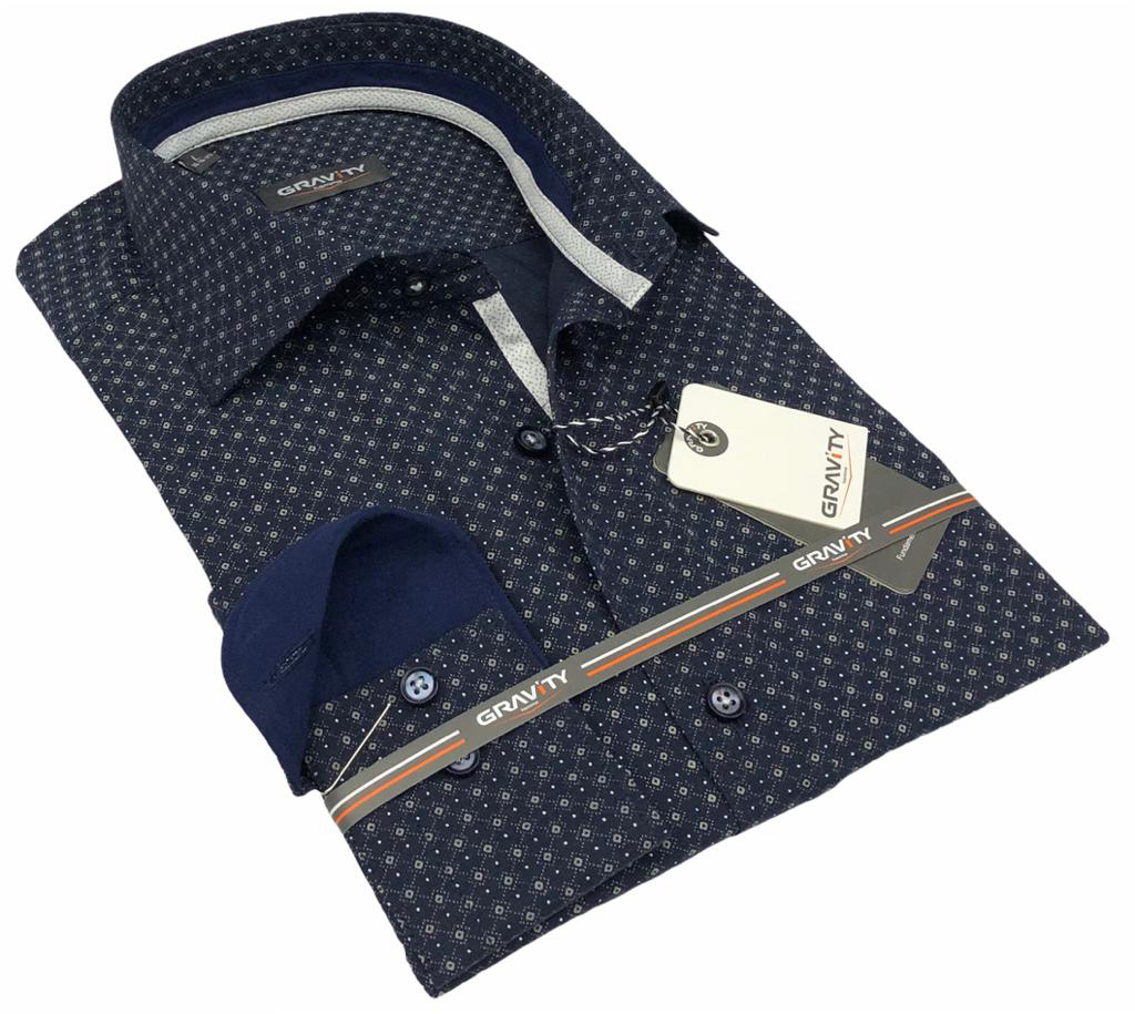 Men's button down modern fit printed black long sleeve Andrew dress shirt