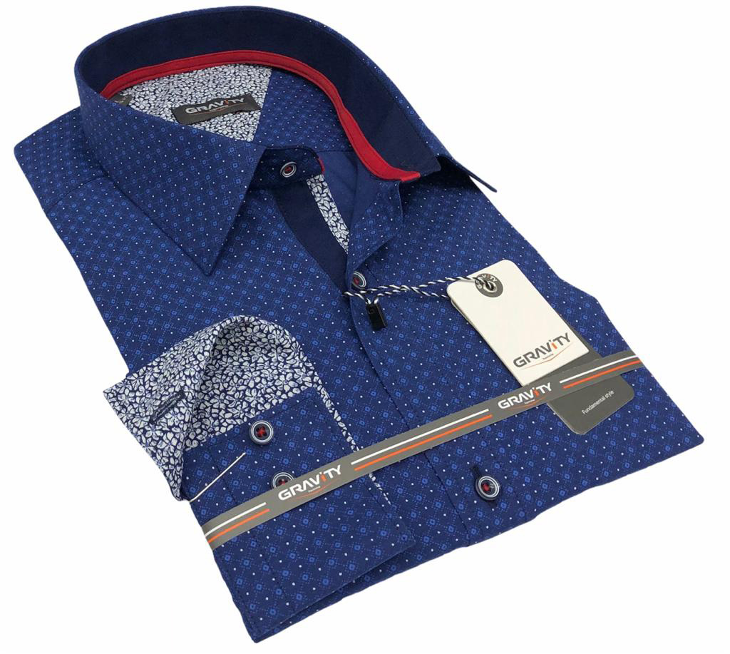 Men's button down modern fit blue print long sleeve Michael dress shirt