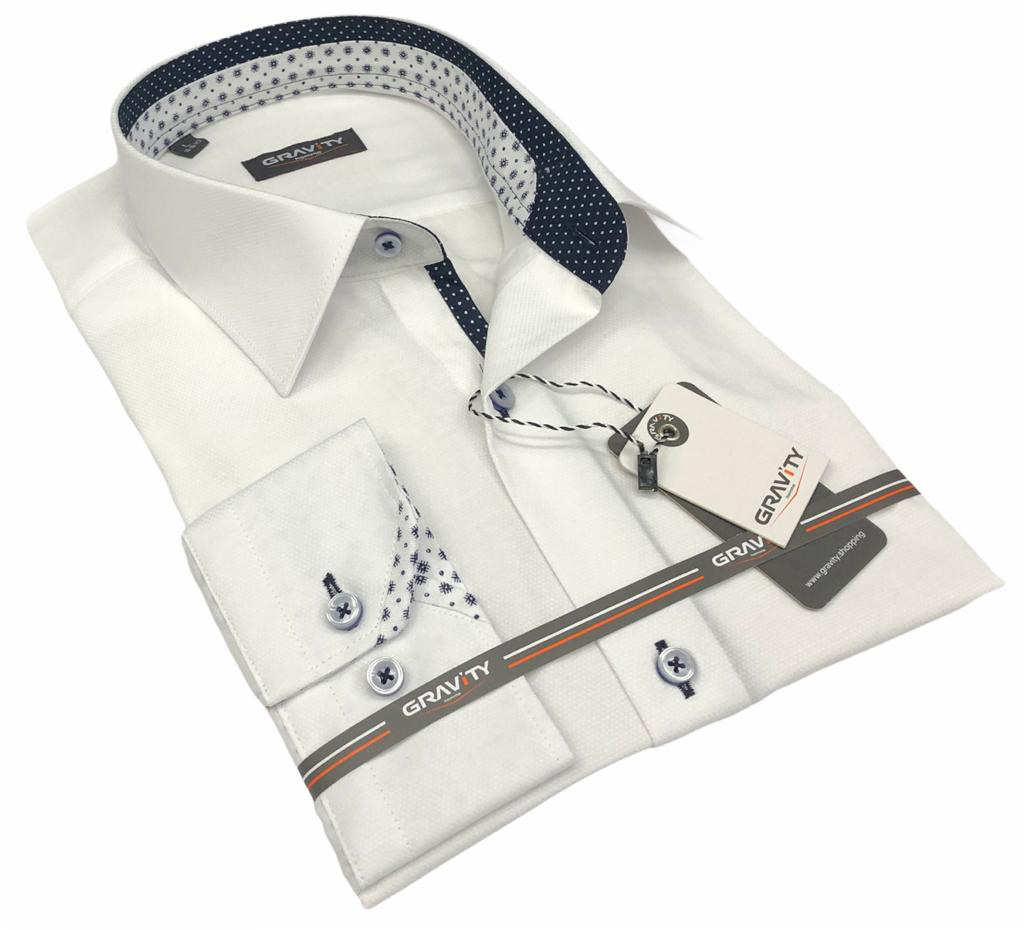Men's button down modern fit white dobby long sleeve Kobe dress shirt with unique black & white hashtag contrast trims