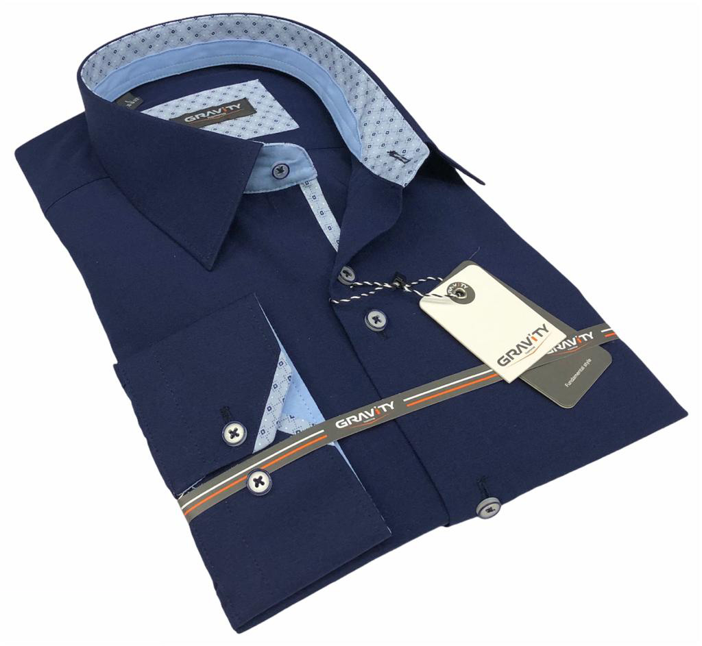Men's button down modern fit navy long sleeve Mathew dress shirt with unique contrast cuffs & details