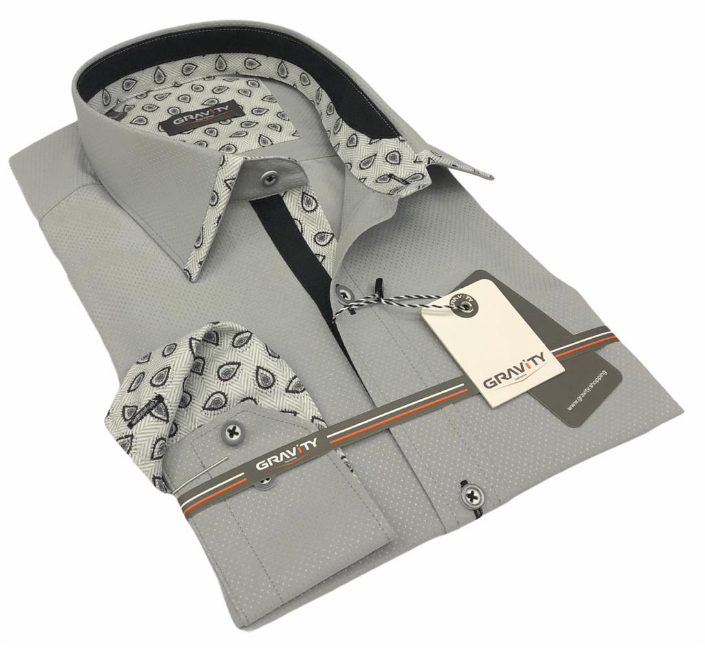 Men's button down modern fit gray long sleeve Jackson dress shirt with contrast cuffs and piping