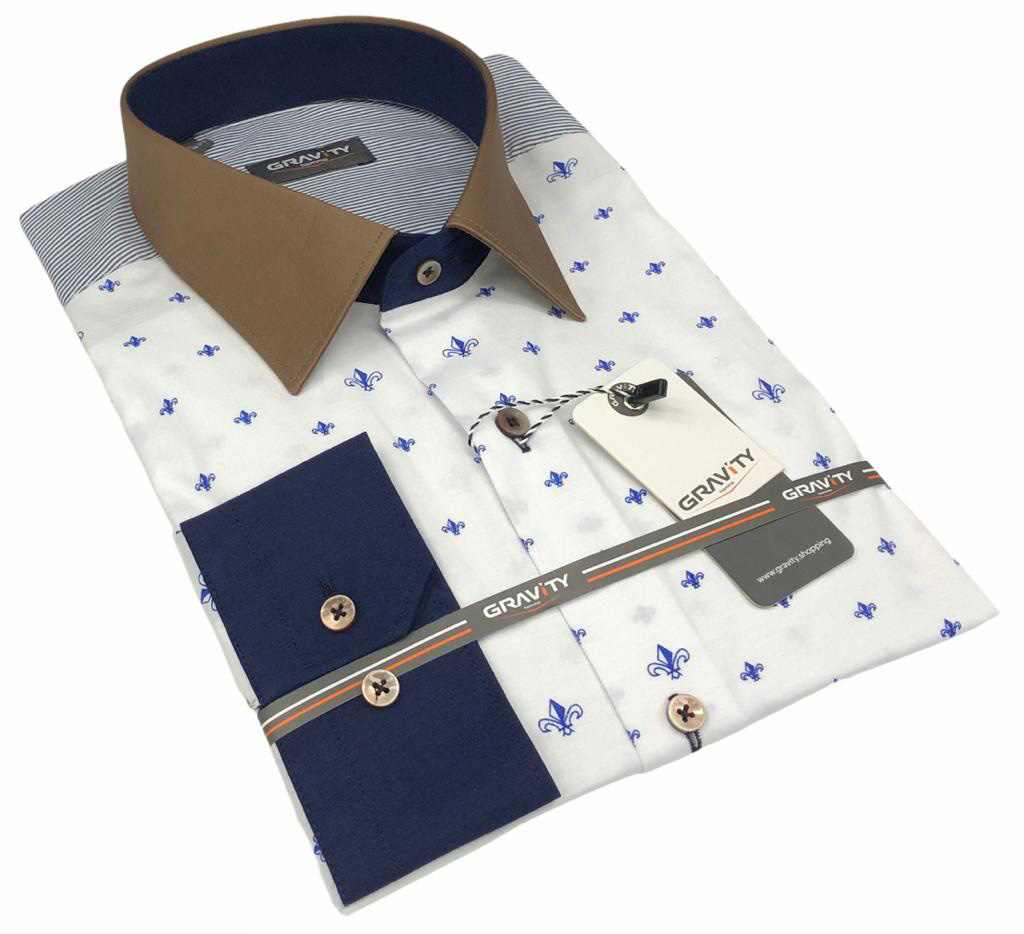 Men's button down white print modern fit long sleeve James dress shirt with contrast collar & cuffs