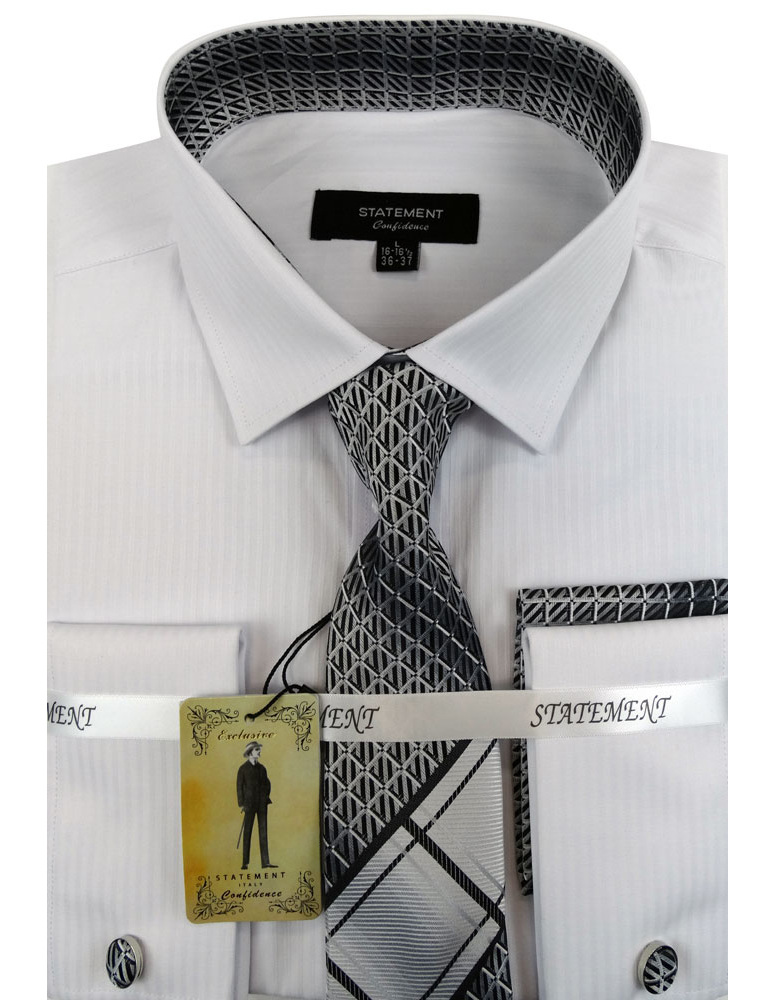 STATEMENT SH-3000 WHITE-BLACK DRESS SHIRT WITH TIE, HANKIE AND CUFF LINK SET