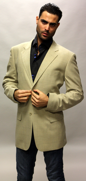 SHD-1 TAN SPORT COAT WITH SQUARE PATTERN THIS JACKET IS A WINNER 2 BUTTON  WITH BACK VENT. :: ITALSUIT