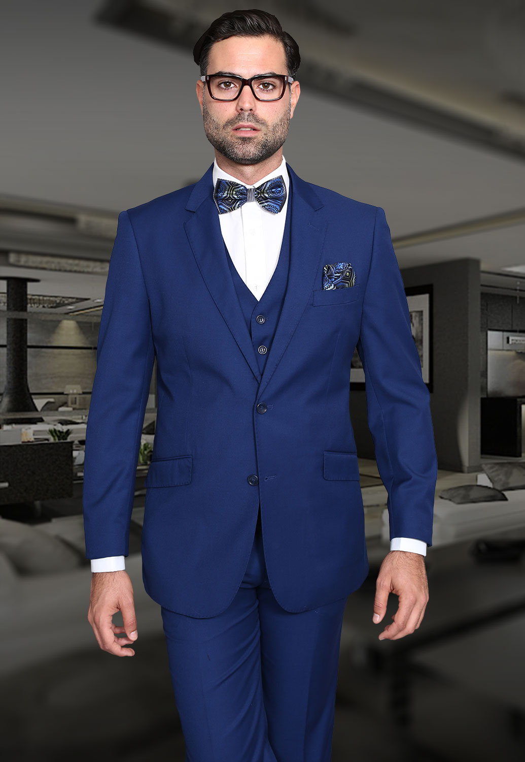 STATEMENT STZV-100 3PC SOLID COLOR SAPPHIRE SUIT. MODERN FIT FLAT FRONT PANTS. SUPER 150'S ITALIAN FABRIC 