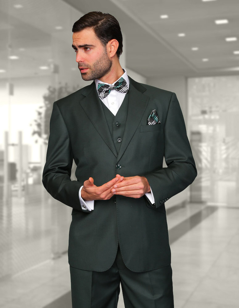STATEMENT STZV-100 3PC 2 BUTTON SOLID COLOR HUNTER MENS SUIT WITH A VEST SUPER 150'S EXTRA FINE ITALIAN WOOL     
