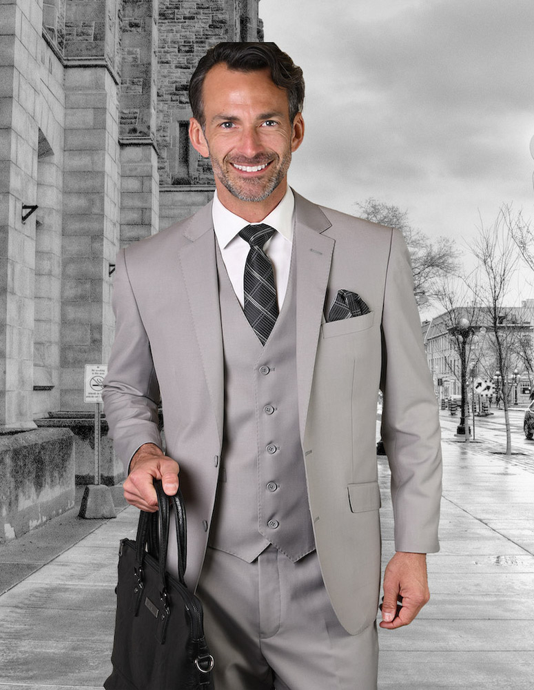 STATEMENT STZV-100 3PC 2 BUTTON SOLID COLOR PLATINUM MENS SUIT WITH A VEST SUPER 150'S EXTRA FINE ITALIAN WOOL     