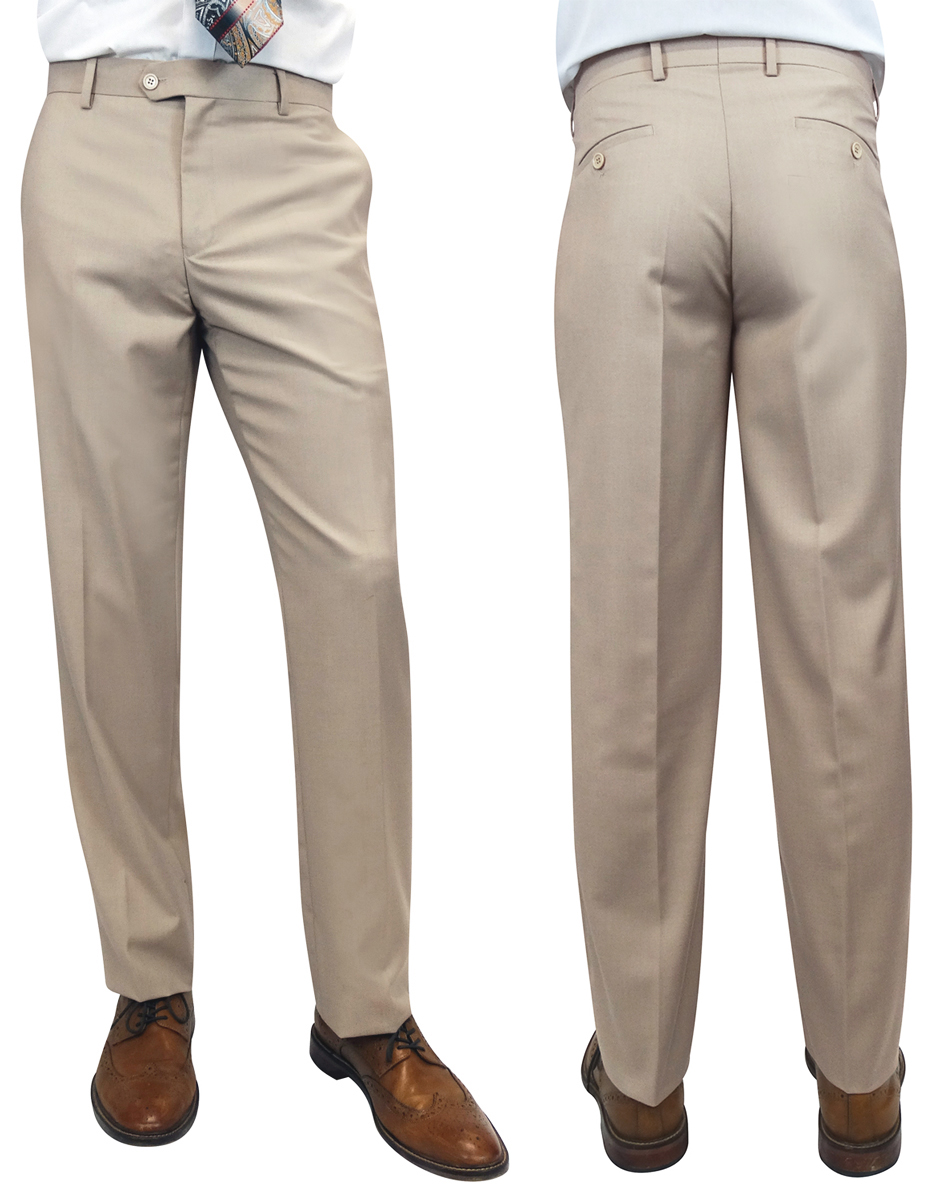 SLIM FIT TAN ITALIAN FLAT FRONT MENS WOOL DRESS PANTS HAND TAILORED  