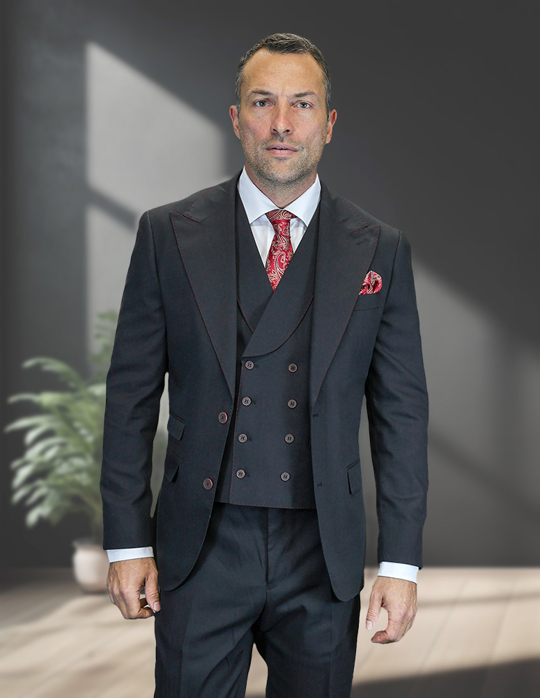STATEMENT 3PC PEAK LAPEL SUIT WITH DOUBLE BREASTED VEST