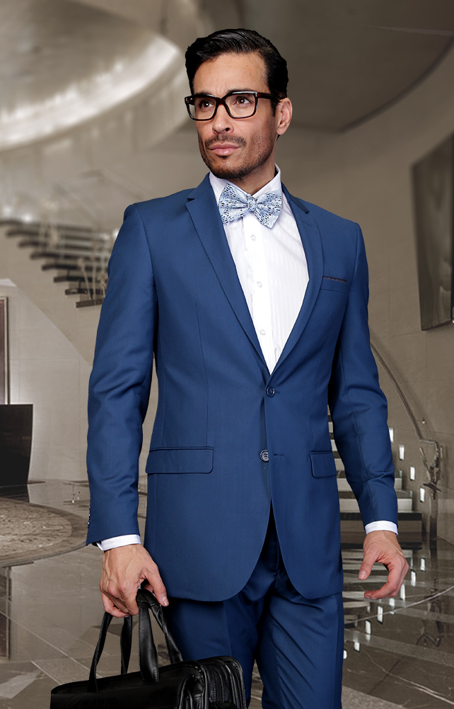 TS-02 MENS SOLID COLOR INDIGO 2 BUTTON WOOL 2PC SUIT BY:TESSORI UOMO SUPER 150'S EXTRA FINE ITALIAN MADE. 