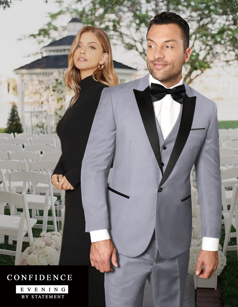 STATEMENT PEAK LAPEL GRAY 3PC TAILORED FIT TUXEDO SUIT WITH FLAT FRONT PANTS  