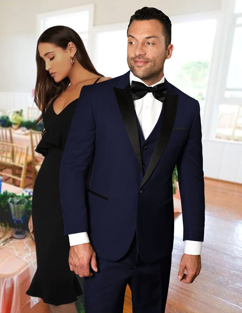 STATEMENT PEAK LAPEL NAVY 3PC TAILORED FIT TUXEDO SUIT WITH FLAT FRONT PANTS  