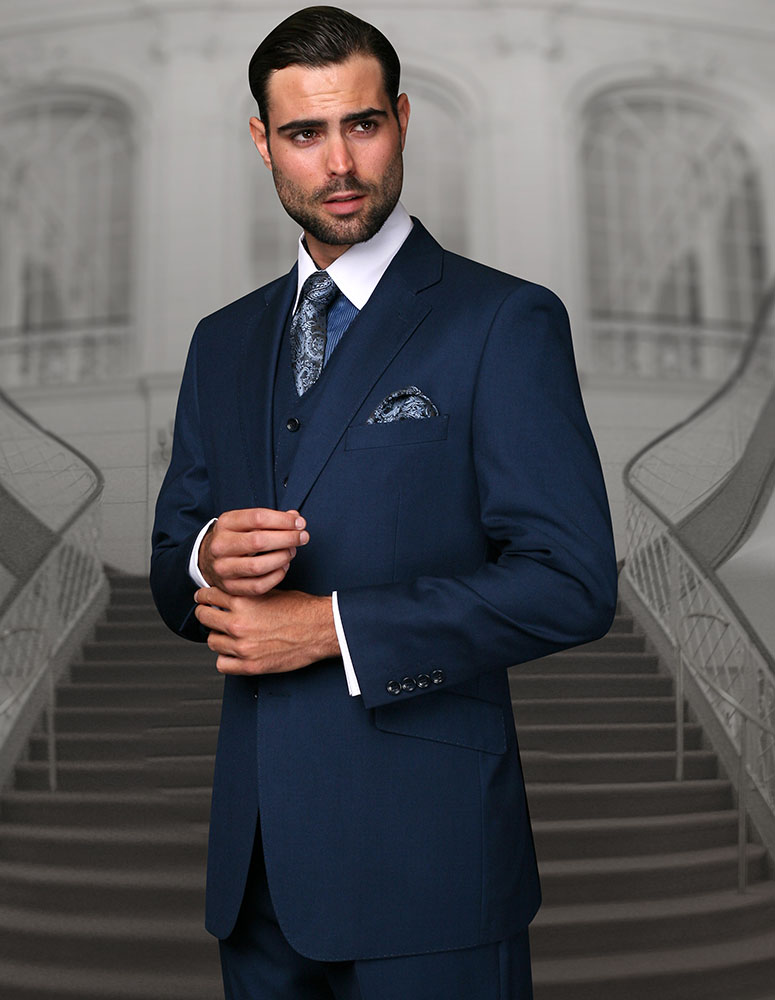 TZ-100 CLASSIC 3PC 2 BUTTON SOLID INDIGO MENS SUIT BY STATEMENT. SUPER 150'S EXTRA FINE ITALIAN FABRIC  