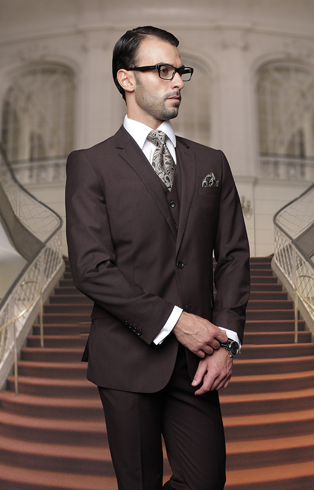 TZ-100BG CLASSIC 3PC 2 BUTTON SOLID BROWN MENS SUIT SUPER 150'S EXTRA FINE ITALIAN FABRIC 