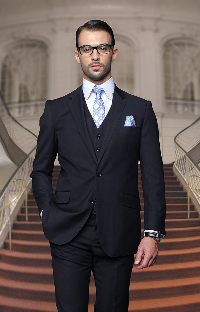 TZ-100BG CLASSIC 3PC 2 BUTTON SOLID NAVY MENS SUIT SUPER 150'S EXTRA FINE ITALIAN FABRIC  