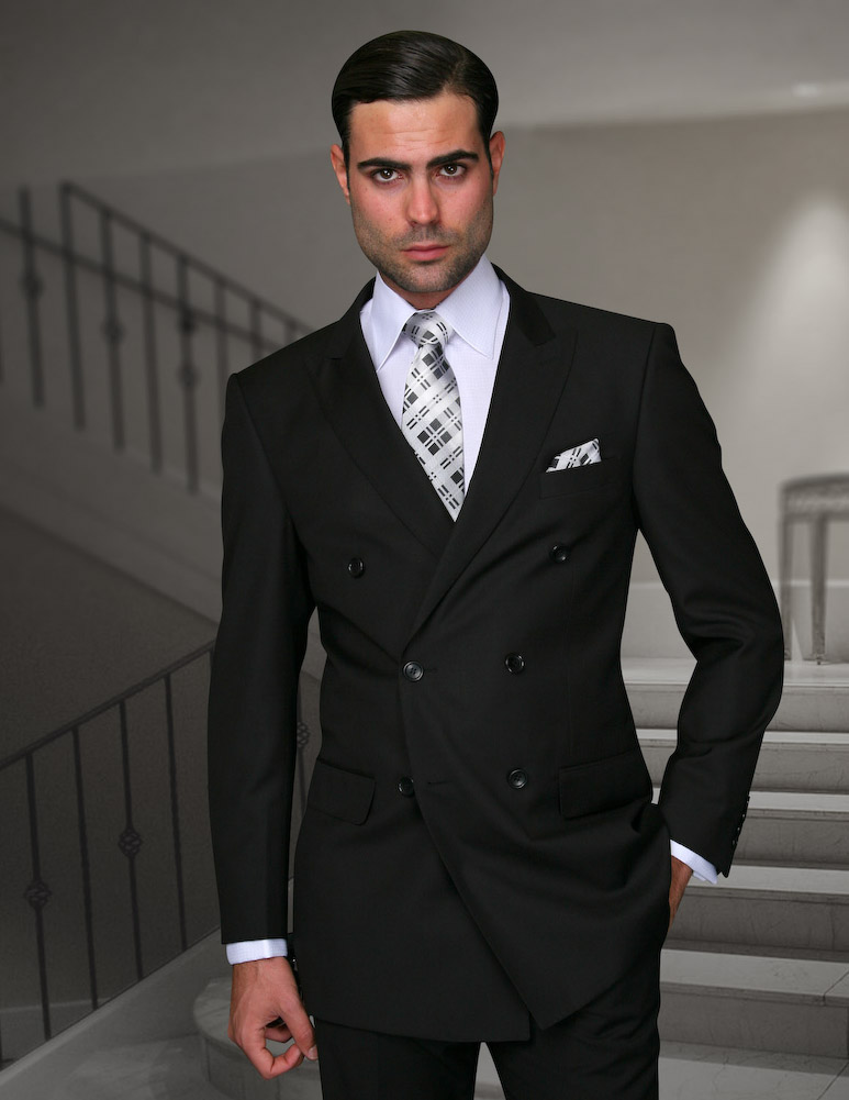 TZD-100 BLACK CLASSIC DOUBLE BREASTED SOLID COLOR MENS SUIT BY TESSORI UOMO. SUPER 150'S EXTRA FINE ITALIAN WOOL HAND MADE