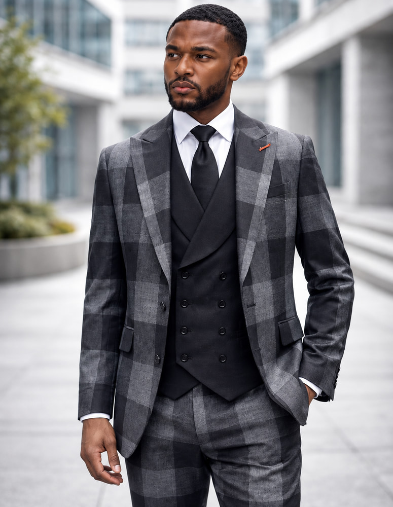 STATEMENT 3PC SUIT SUPER 200'S ITALIAN WOOL AND CASHMERE. MODERN FIT FLAT FRONT PANTS