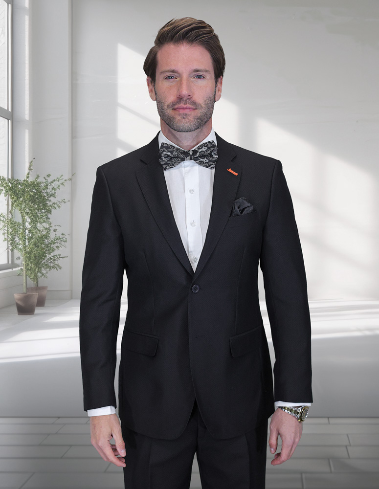 BLACK 2PC ITALIAN SUPER 200'S WOOL SUIT. MODERN FIT FLAT FRONT PANTS