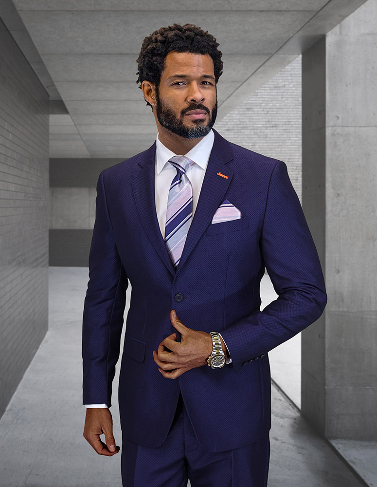 NAVY 2PC ITALIAN SUPER 200'S WOOL SUIT. MODERN FIT FLAT FRONT PANT