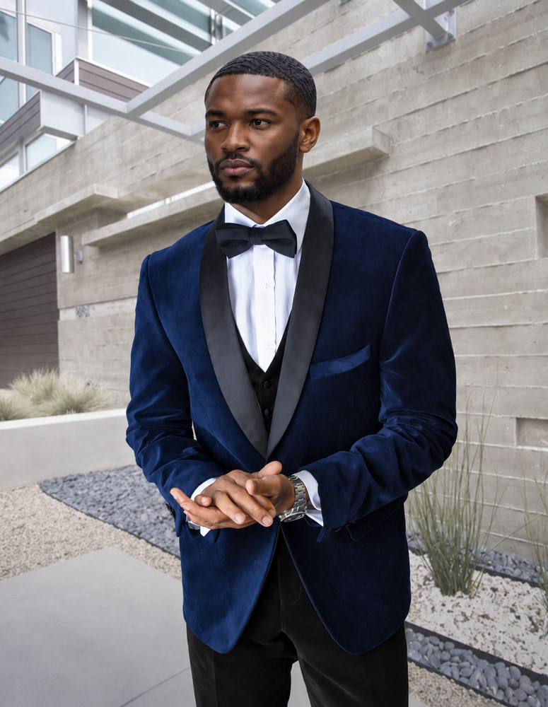 STATEMENT VL-100 NAVY 2PC TAILORED FIT TUXEDO VELVET SUIT WITH FLAT FRONT PANTS INCLUDING MATCHING BOWTIE 