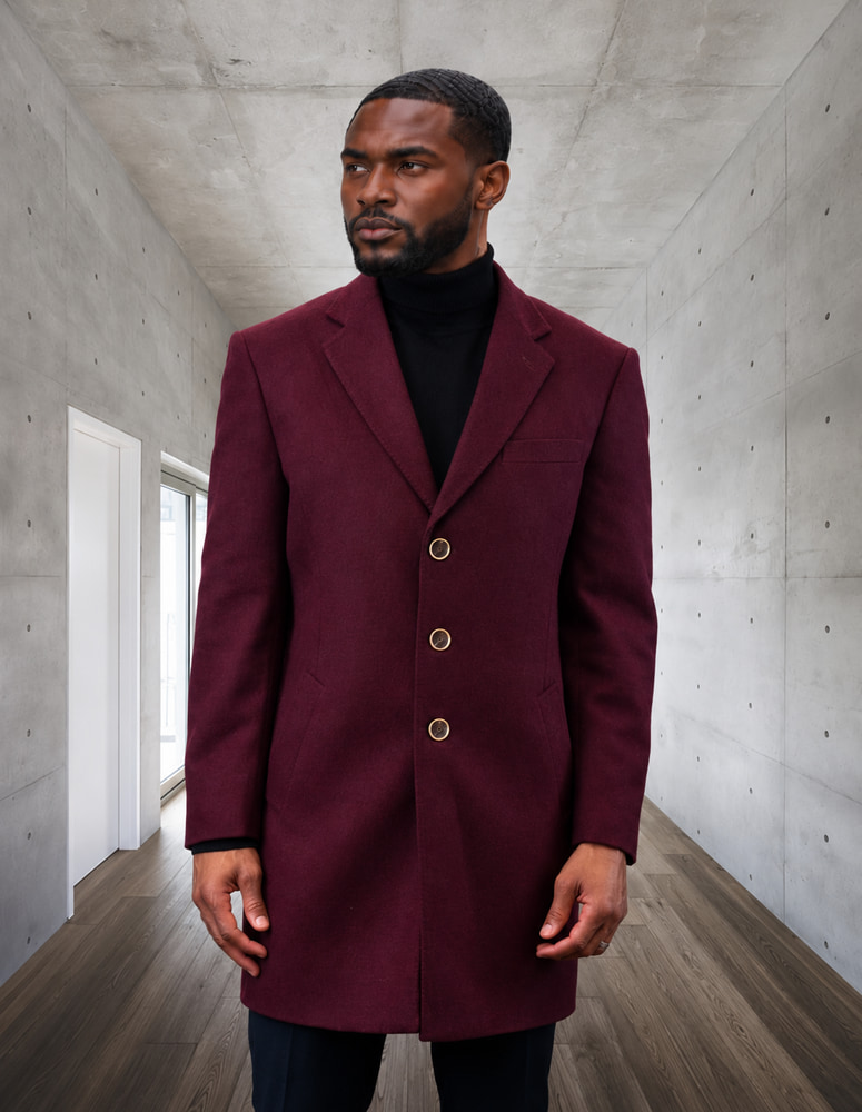 STATEMENT SINGLE BREASTED BURGUNDY OVER COAT 100% WOOL AND CASHMERE 