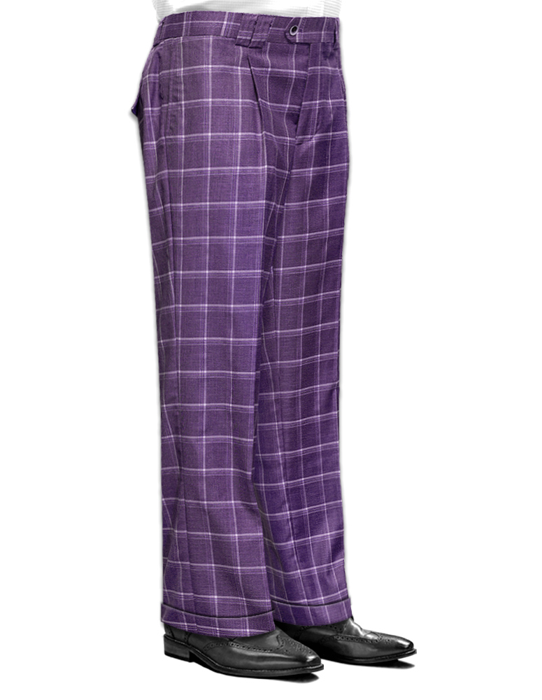 MAUVE PLAID WIDE LEG DRESS PANTS REGULAR FIT SUPER 150'S ITALIAN WOOL FABRIC   