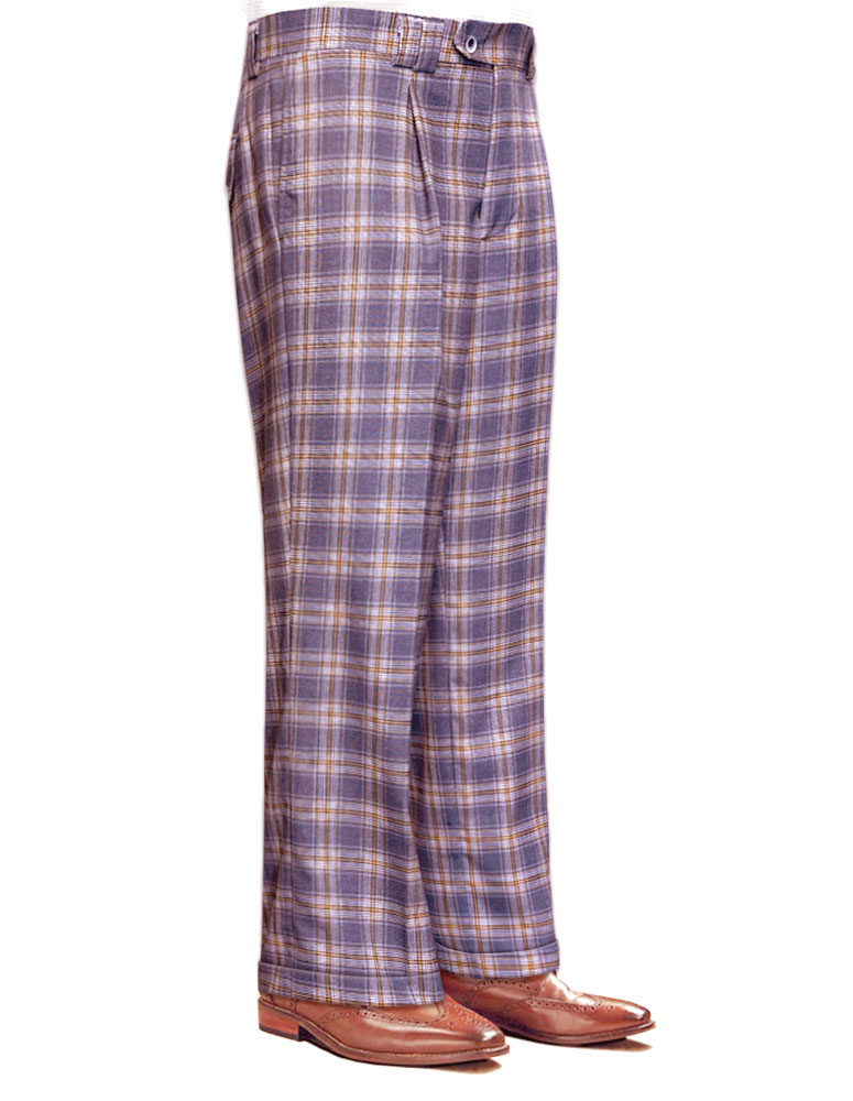 LAVENDER PLAID WIDE LEG DRESS PANTS REGULAR FIT SUPER 150'S ITALIAN WOOL FABRIC   