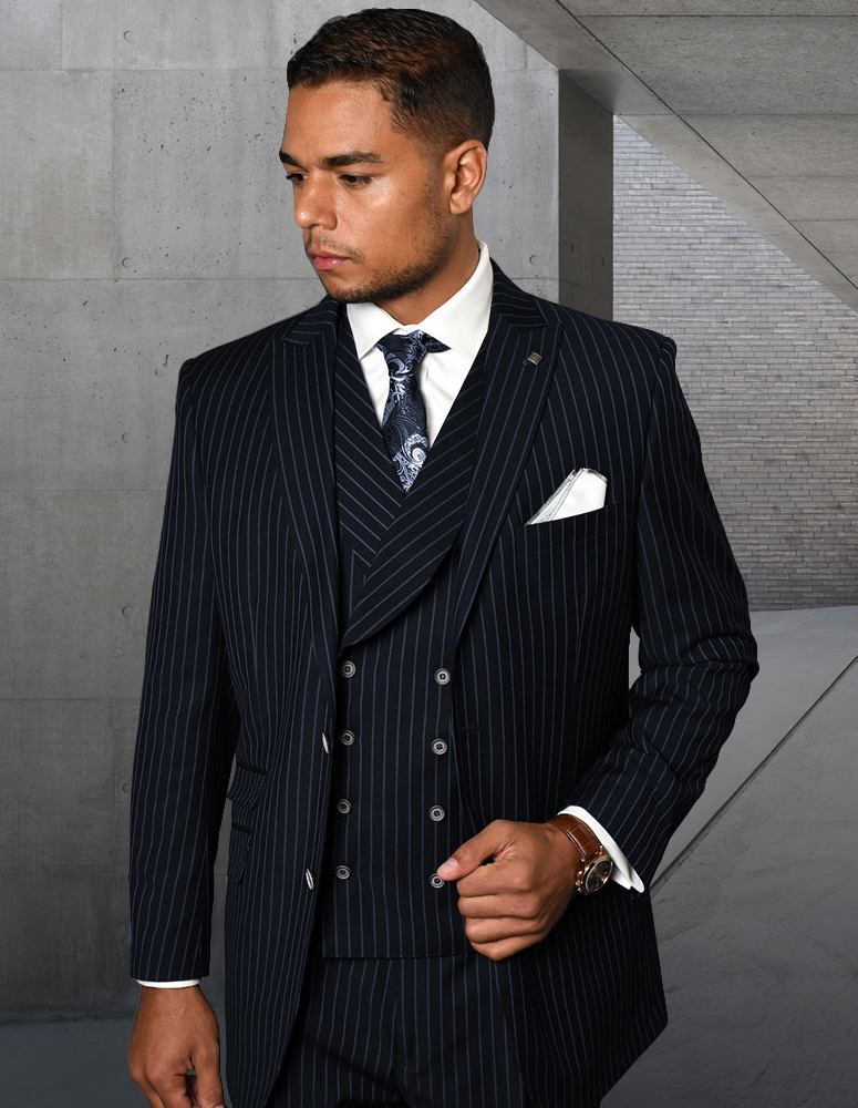 ZARELLI NAVY 3PC 2 BUTTON PINSTRIPE, DOUBLE BREASTED VEST, PLEATED PANTS SUPER 150'S WOOL SUIT EXTRA FINE ITALIAN MADE 