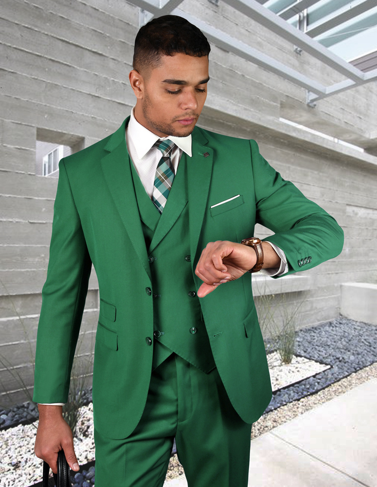 STATEMENT KELLY GREEN 3PC 2 BUTTON SOLID COLOR MENS SUIT WITH DOUBLE ...
