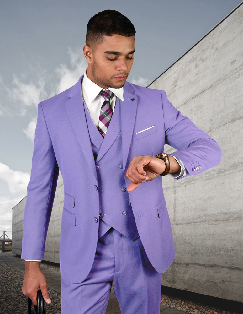 STATEMENT LAVENDER 3PC 2 BUTTON SOLID COLOR MENS SUIT WITH DOUBLE BREASTED VEST SUPER 180'S EXTRA FINE ITALIAN WOOL   
