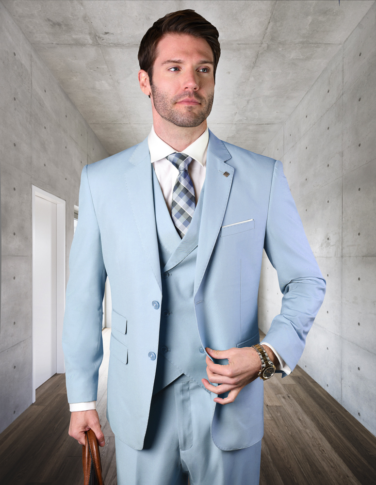 STATEMENT POWDER BLUE 3PC 2 BUTTON SOLID COLOR  MENS SUIT WITH DOUBLE BREASTED VEST SUPER 180'S EXTRA FINE ITALIAN WOOL  
