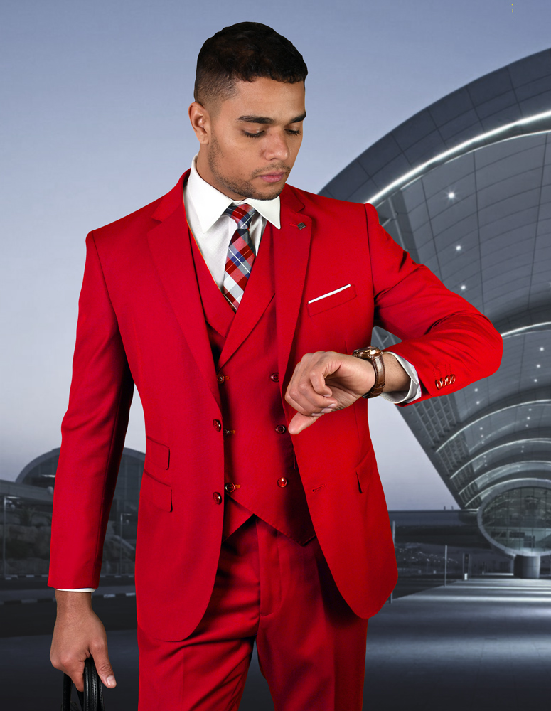 STATEMENT RED 3PC 2 BUTTON SOLID COLOR MENS SUIT WITH DOUBLE BREASTED VEST  SUPER 180'S EXTRA FINE ITALIAN WOOL :: 3PC VESTED SOLID COLOR SUPER 150'S  :: ITALSUIT