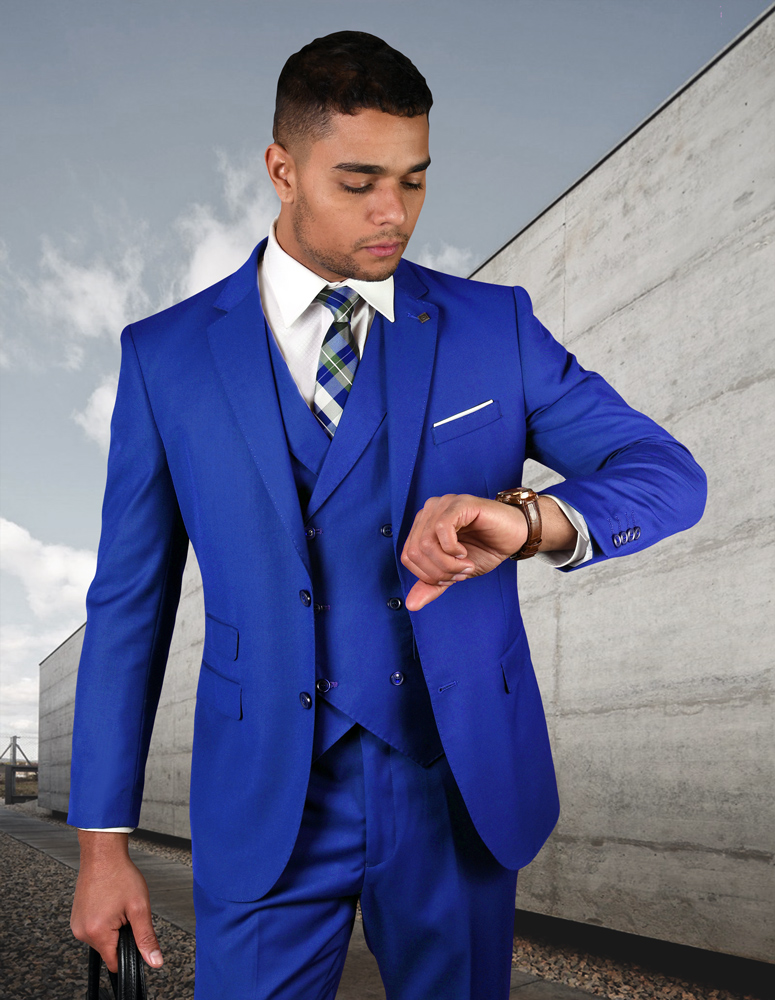 STATEMENT ROYAL BLUE 3PC 2 BUTTON SOLID COLOR MENS SUIT WITH DOUBLE  BREASTED VEST SUPER 180'S EXTRA FINE ITALIAN WOOL :: ITALIAN SUPER 200'S  HAND MADE :: ITALSUIT