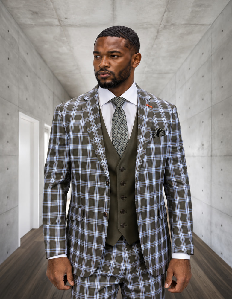 STATEMENT 3PC ITALIAN SUPER 200'S WOOL SUIT. SOLID COLOR VEST. FLAT FRONT PANTS 