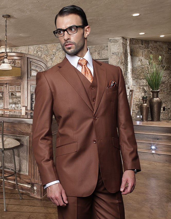 TZ-100BG CLASSIC 3PC 2 BUTTON SOLID COPPER MENS SUIT BY TESSORI UOMO. SUPER 150'S EXTRA FINE ITALIAN FABRIC 