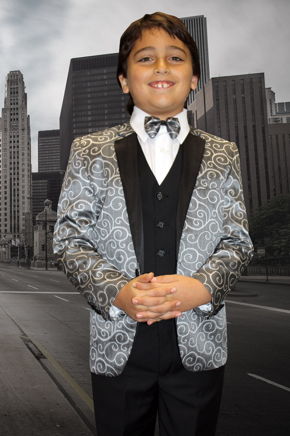 B-BELLAGIO SILVER 5PC SUIT SHIRT,BOWTIE & VEST FOR KIDS