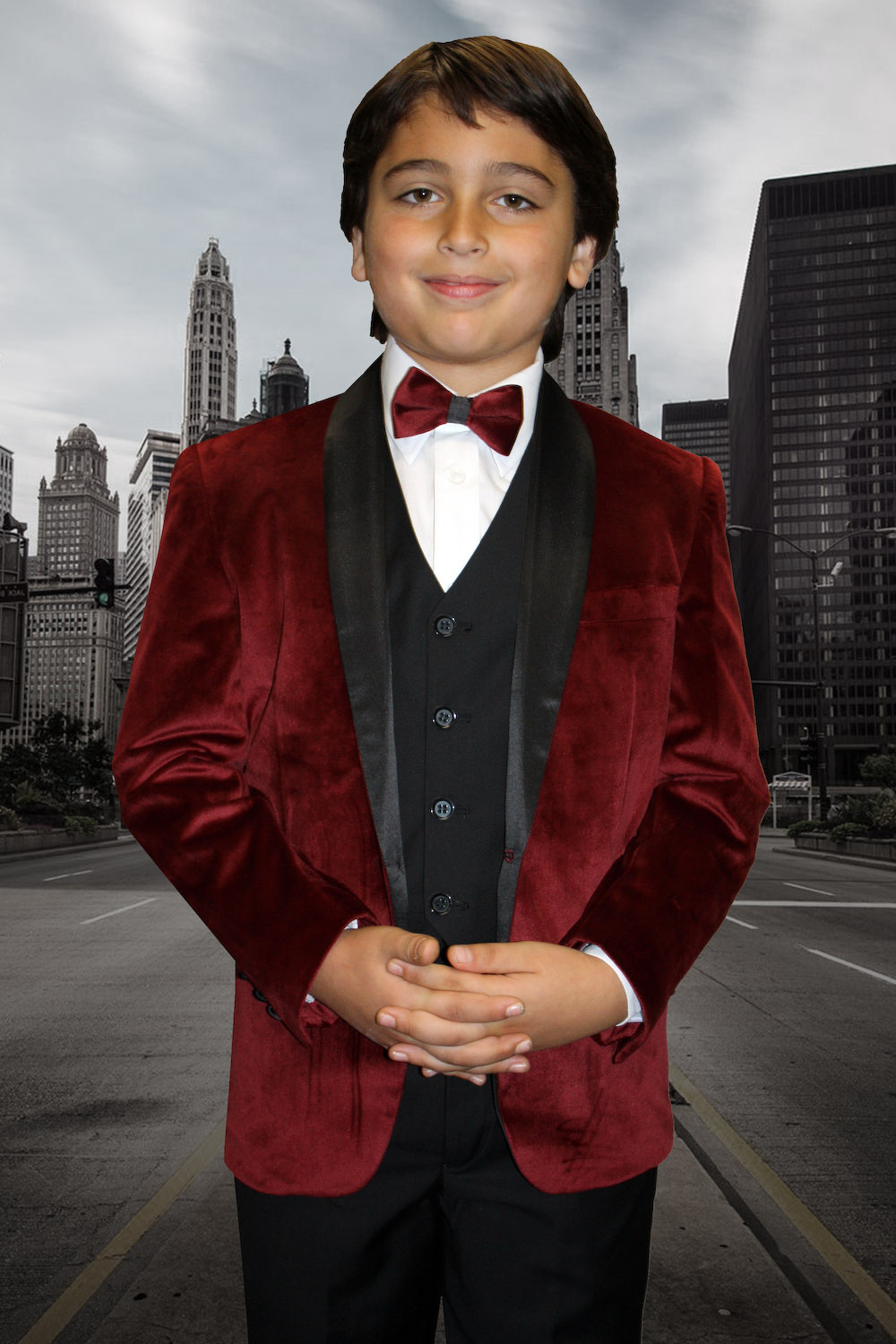 B-VELVET BURGUNDY 5PC SUIT SHIRT,BOWTIE & VEST FOR KIDS 