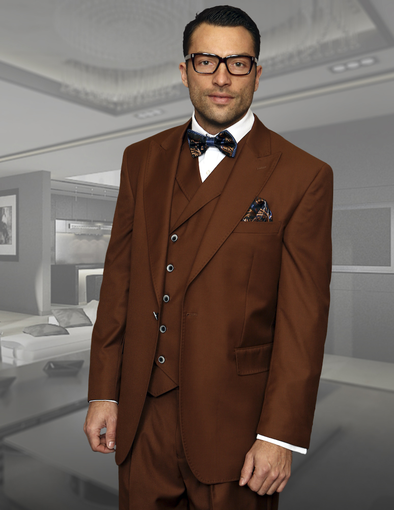 FLORENCE COPPER COLOR CLASSIC 3PC 2 BUTTON SOLID SUIT WITH DOUBLE BREASTED VEST SUPER 150'S EXTRA FINE ITALIAN FABRIC  