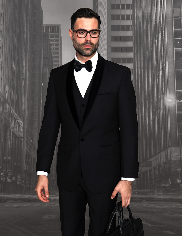 ENCORE-V CLASSIC 1 BUTTON MENS BLACK TUXEDO WITH VELVET COLLAR EXTRA FINE HAND MADE SUPER 150'S WOOL GOOD FOR ANY WEDDING