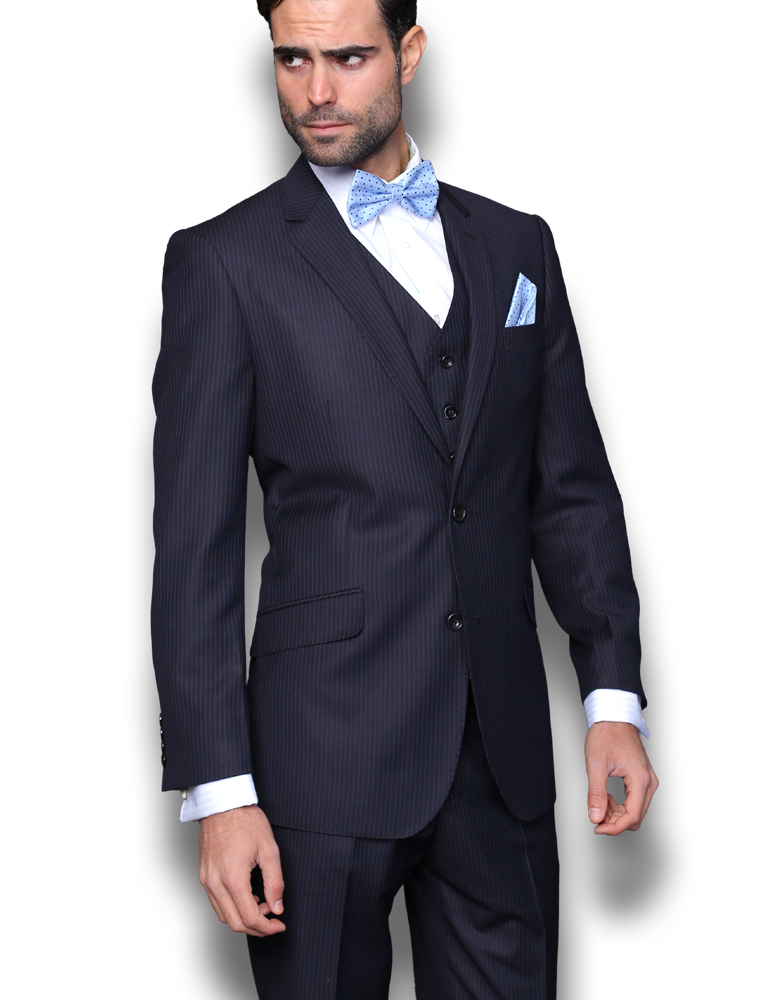 3PC NAVY PINSTRIPE  MODERN FIT PLEATED PANTS 2 BUTTON MENS SUIT SUPER 150'S EXTRA FINE ITALIAN WOOL 