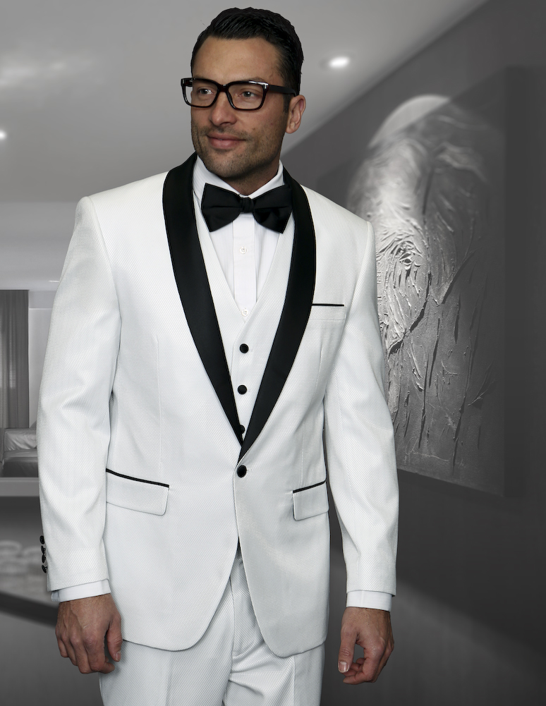 ENZO-7 WHITE CLASSIC 3PC 1 BUTTON INDIGO SHARKSKIN MENS SUIT WITH SOLID BLACK SATIN SHAWL COLLAR  