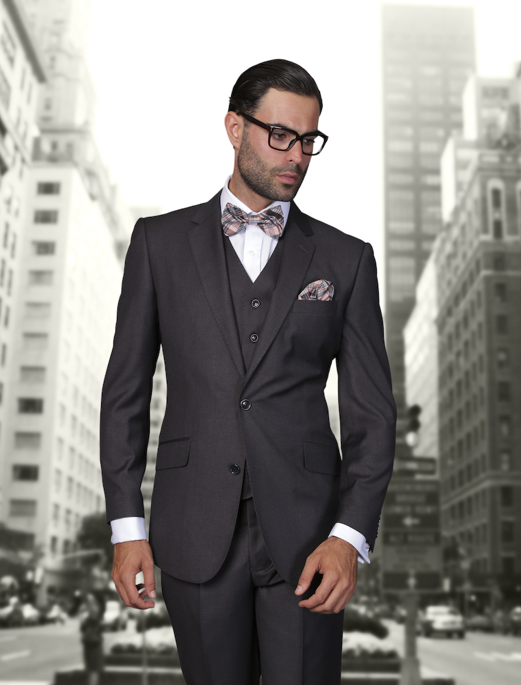 STATEMENT STZV-100 3PC 2 BUTTON SOLID COLOR HEATHER CHARCOAL MENS SUIT WITH A VEST SUPER 150'S EXTRA FINE ITALIAN WOOL   