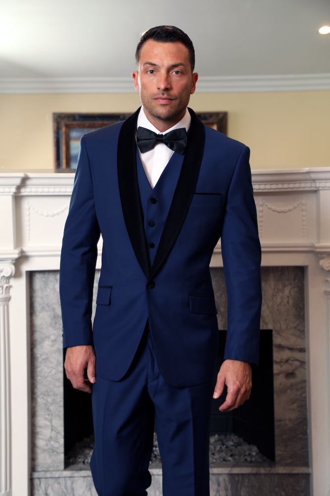 ENCORE-V CLASSIC 1 BUTTON MENS SAPPHIRE TUXEDO WITH VELVET COLLAR EXTRA FINE HAND MADE SUPER 150'S WOOL GOOD FOR ANY WEDDING