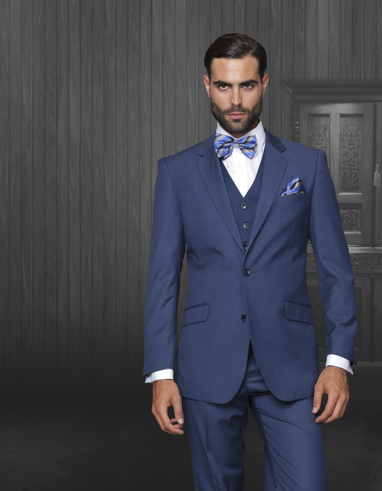 STZV-100 CLASSIC 3PC 2 BUTTON SOLID INDIGO MENS SUIT, FLAT FRONT PANTS, SUPER 150'S EXTRA FINE ITALIAN FABRIC 
