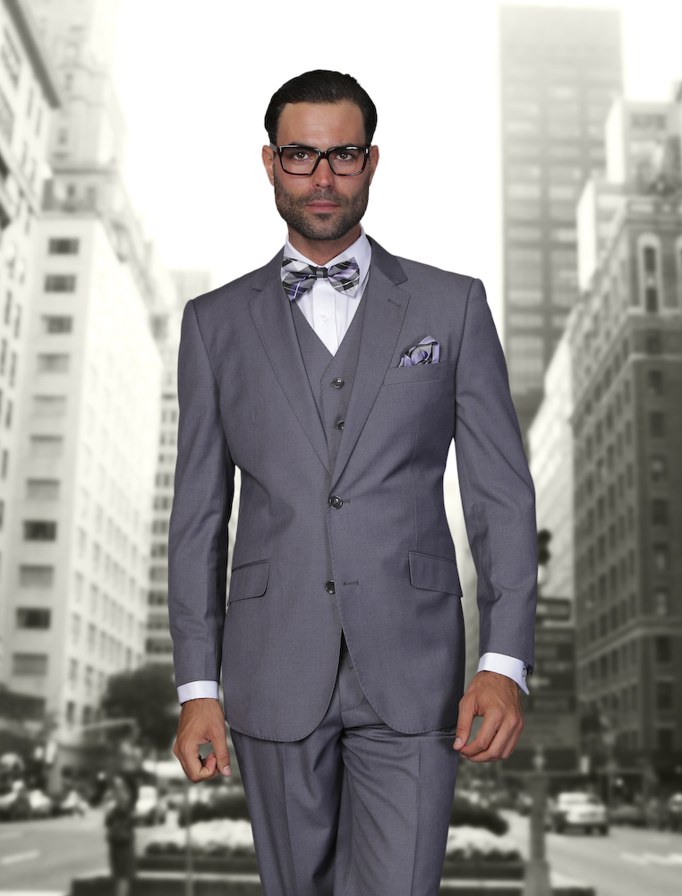 STZV-100 3PC 2 BUTTON SOLID COLOR CHARCOAL MENS SUIT WITH A VEST SUPER 150'S EXTRA FINE ITALIAN WOOL   