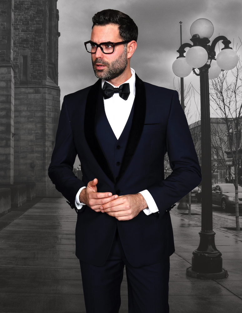ENCORE-V CLASSIC 1 BUTTON MENS NAVY TUXEDO WITH VELVET COLLAR EXTRA FINE HAND MADE SUPER 150'S WOOL GOOD FOR ANY WEDDING