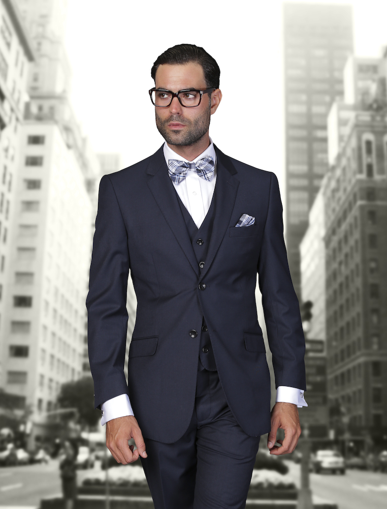 STZV-100 3PC 2 BUTTON SOLID COLOR NAVY MENS SUIT WITH A VEST SUPER 150'S EXTRA FINE ITALIAN WOOL   