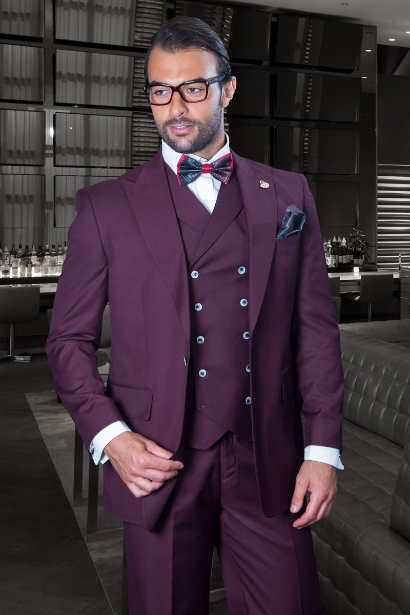 FLORENCE BURGUNDY COLOR CLASSIC 3PC 2 BUTTON SOLID SUIT WITH DOUBLE BREASTED VEST SUPER 150'S EXTRA FINE ITALIAN FABRIC  